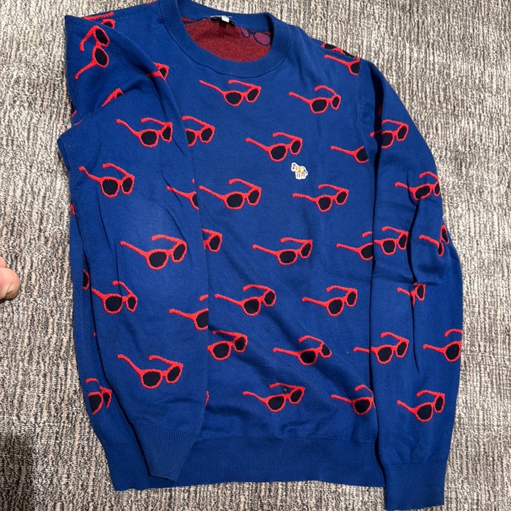 Blue Sweater with Red Sunglasses Pattern